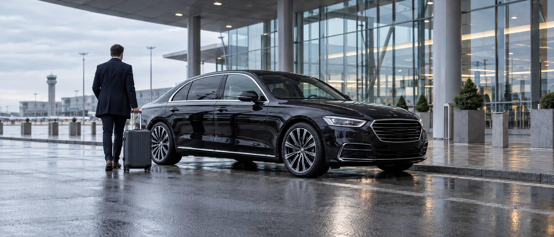 An executive saloon waiting at an airport kerb while a traveller with a suitcase walks towards it