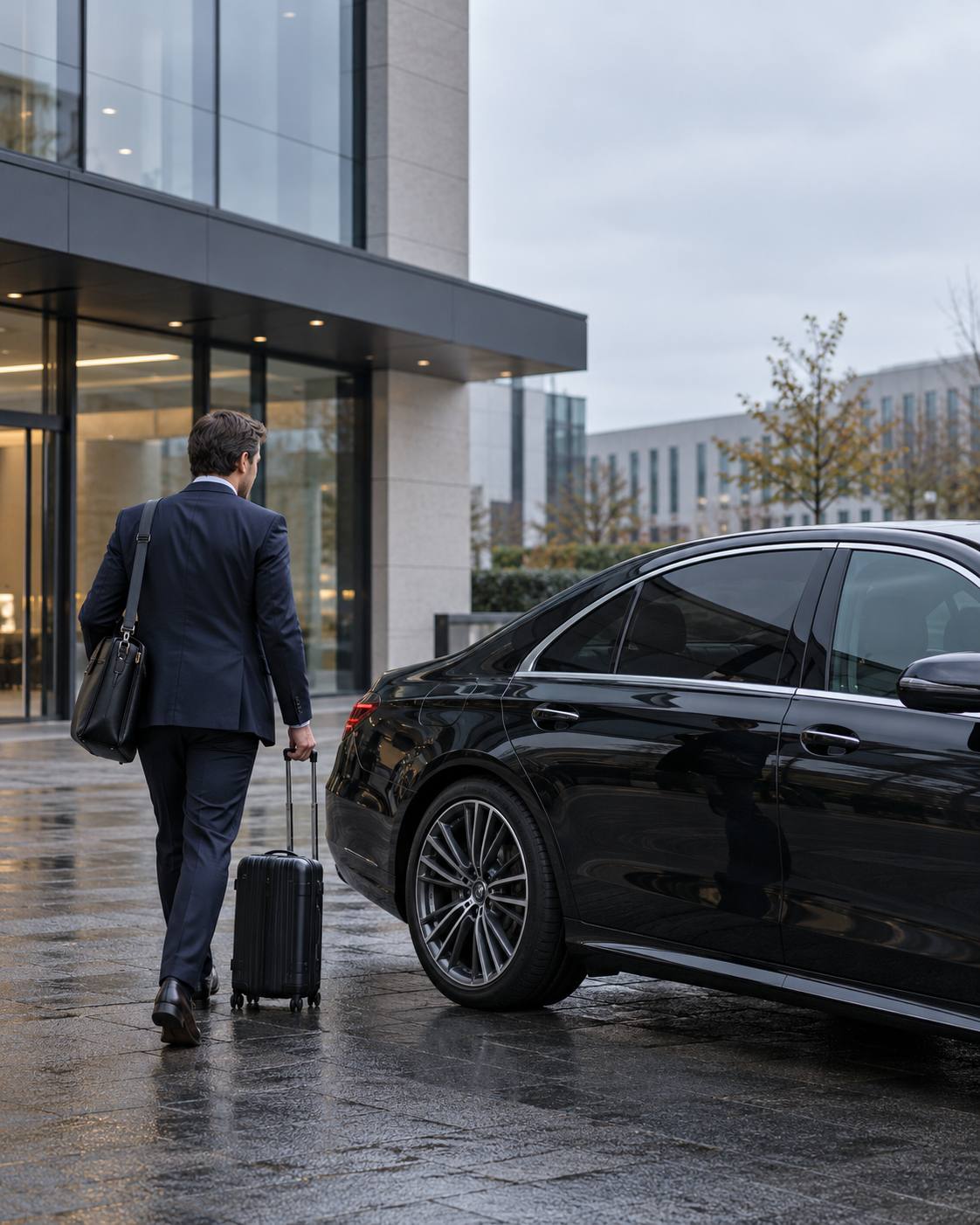 Business traveller walking towards an executive transfer vehicle outside a modern office building